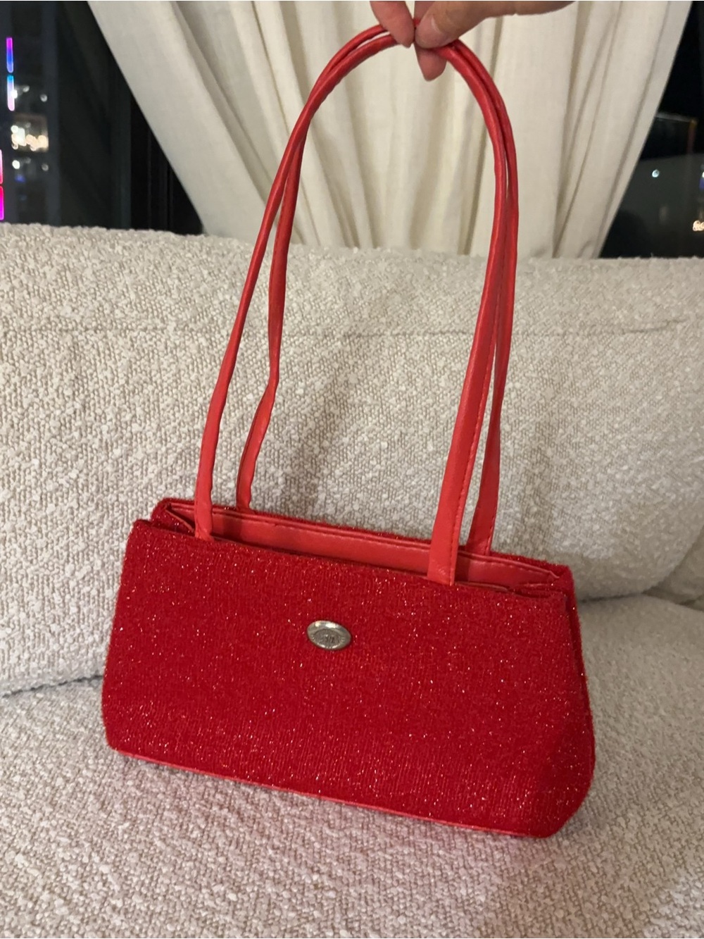 Y2K Red Sparkle Shoulder Bag Glitter Baguette Purse Double Strap 2000s Style